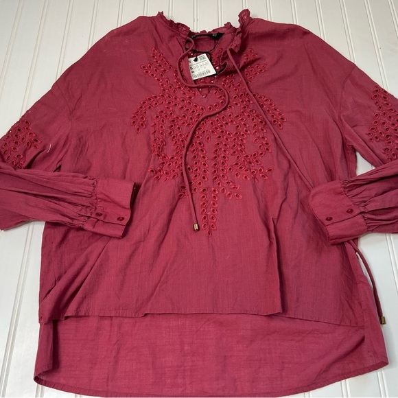 Zara Woman Eyelet Tassel Blouse Top  XS Peasant Boho Ruffle Neck NEW 667 - Picture 3 of 6